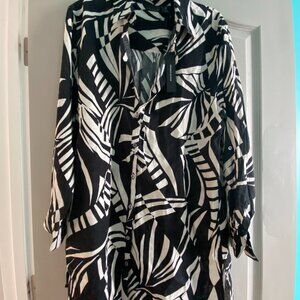 Tahari Vacation Linen Print Maxi Shirt Dress Size Large Black and White Pattern
